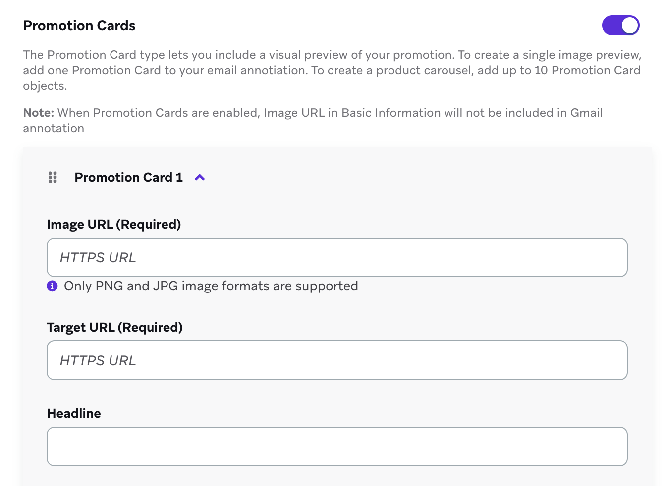 Opciones para incluir una oferta de descuento y tarjetas de promoción.