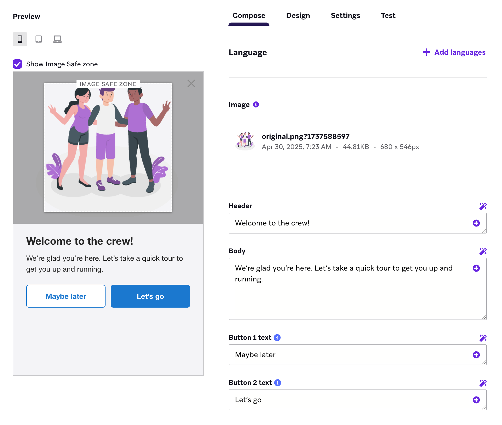 Un ejemplo de mensaje dentro de la aplicación de una marca para dar la bienvenida a nuevos clientes y pedirles que configuren un perfil de usuario.