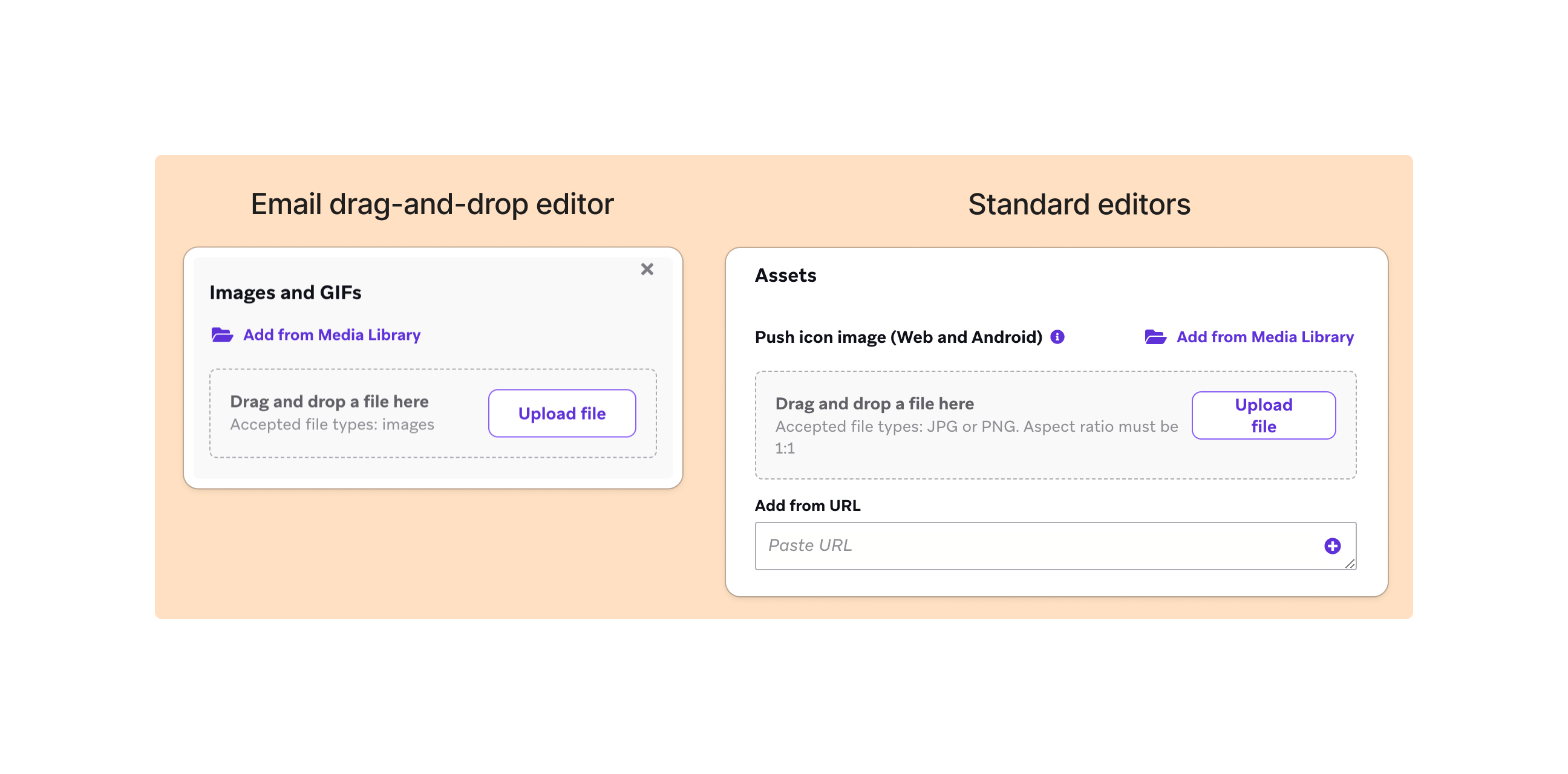 Dos formas habituales de acceder a la mediateca en función del compositor del mensaje. Una muestra el Editor de arrastrar y soltar del correo electrónico con el título "Imágenes y GIFs" y un botón para "Añadir desde la biblioteca multimedia". La otra muestra los editores estándar, como los mensajes push y dentro de la aplicación, con el título "Medios" y un botón para "Añadir imagen".