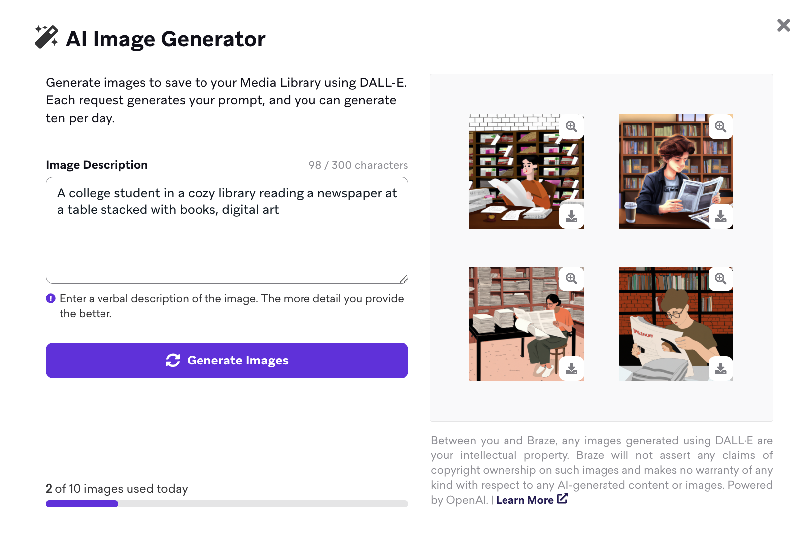 Modal de generador de imágenes con IA en la biblioteca multimedia.