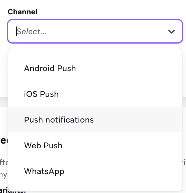 El menú desplegable del canal con opciones para plataformas push y notificaciones push.