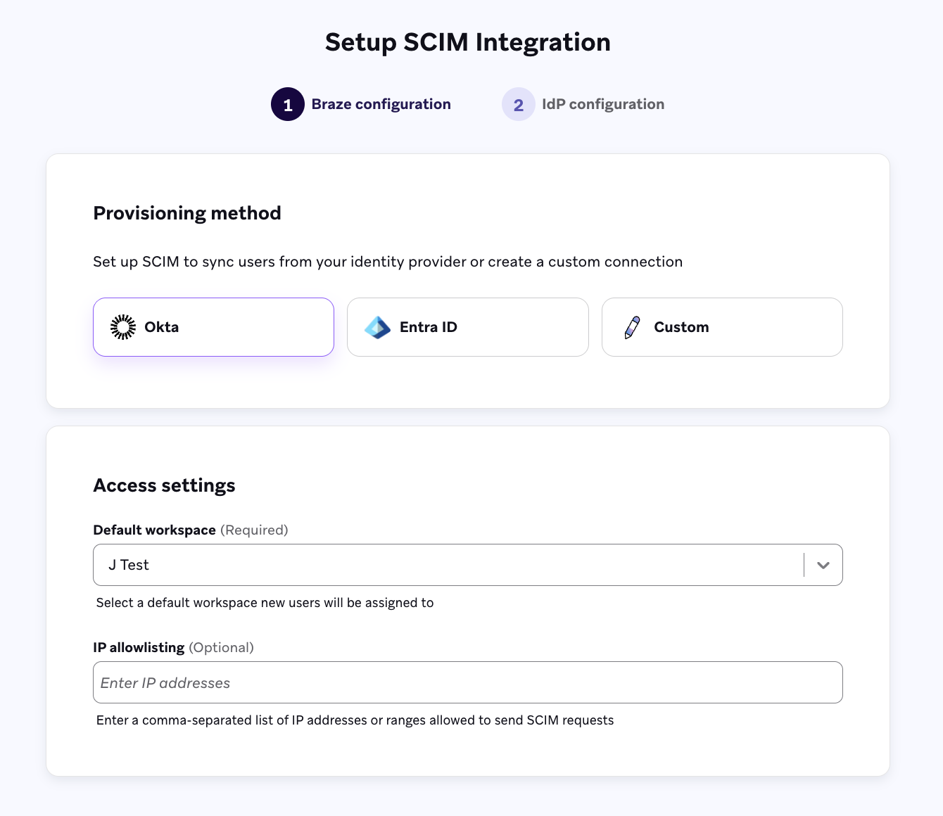 Una página para configurar la integración SCIM con secciones para seleccionar un método de aprovisionamiento y proporcionar la configuración de acceso.