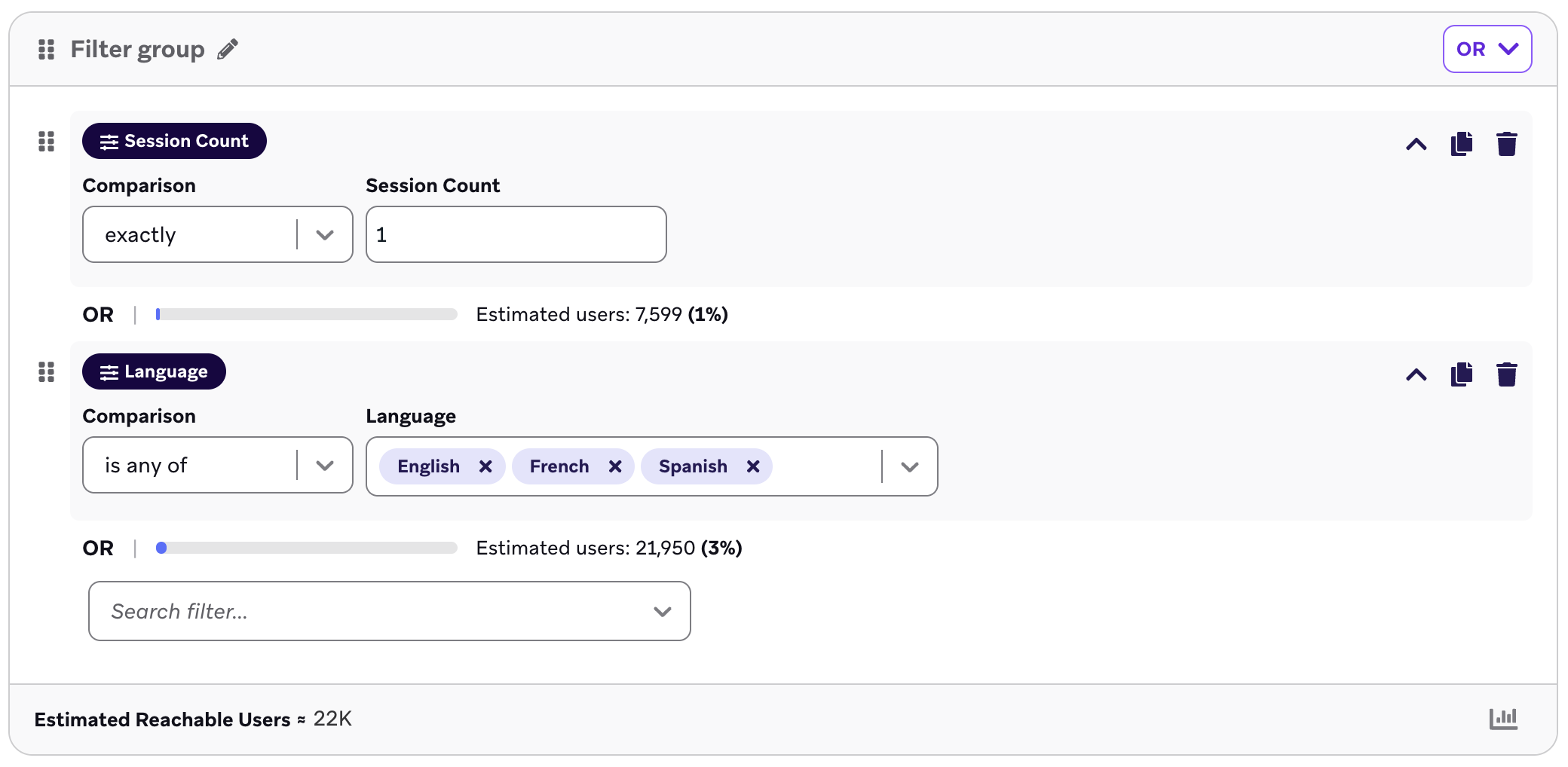 Dos filtros con estadísticas de embudo por segmento.