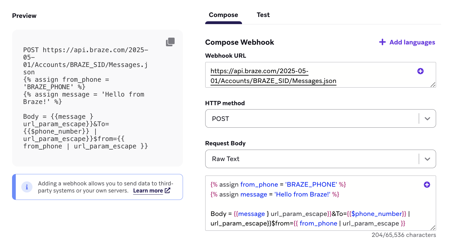 Ejemplo de webhook desglosado en método HTTP, URL HTTP y cuerpo de la solicitud. Consulte la tabla siguiente para obtener más información.