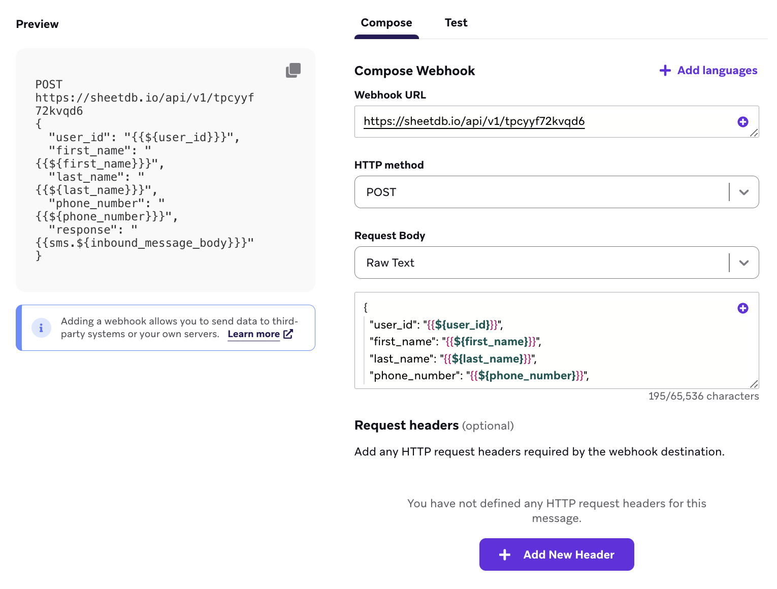 La pestaña "Redactar" con una plantilla de webhook de Facebook Messenger de ejemplo.
