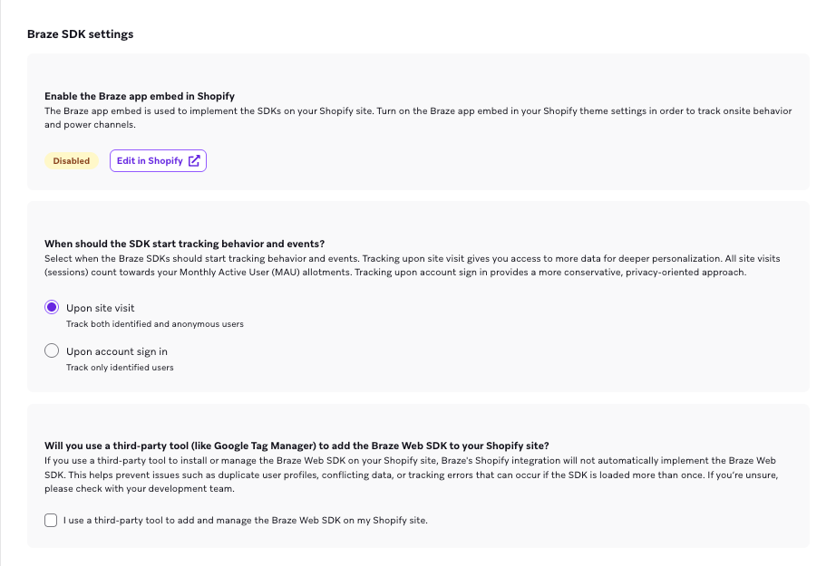 La section "Paramètres du SDK de Braze" comporte une case à cocher indiquant que vous utiliserez un outil tiers pour ajouter le SDK Web de Braze.
