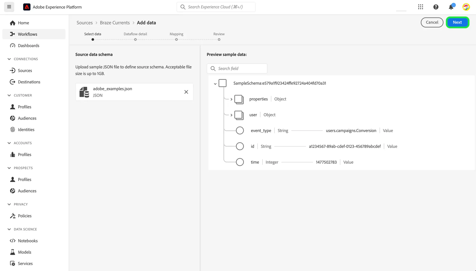 Adobe "Ajouter une page de données".