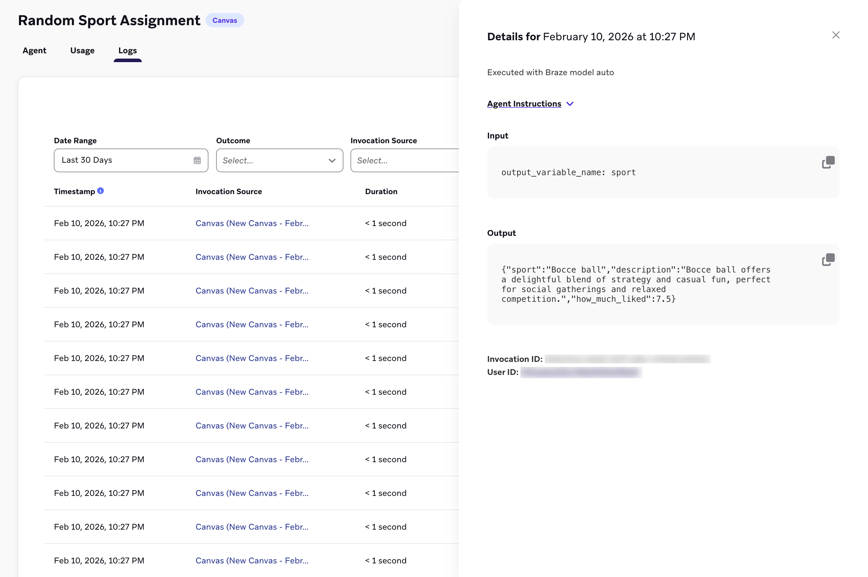Le panneau de détails d'une tâche aléatoire liée au sport pour un agent, qui affiche l'invite de saisie, la réponse générée et l'ID utilisateur associé.