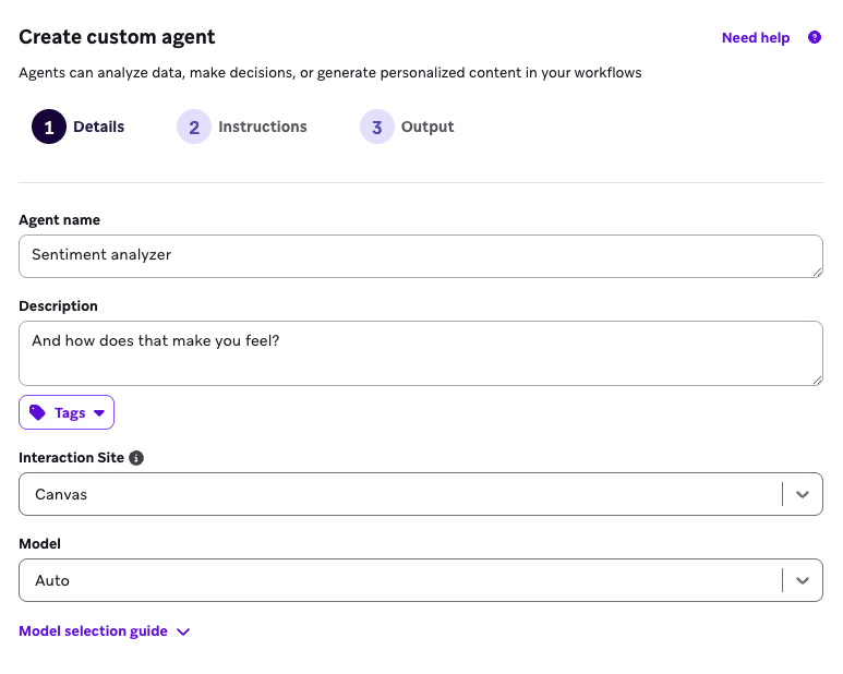 Interface de la console d'agent permettant de créer un agent personnalisé dans Braze. L'écran affiche des champs permettant de saisir le nom et la description de l'agent et de sélectionner un modèle.