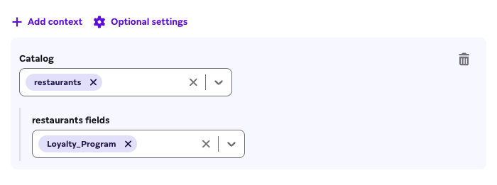 Le catalogue "restaurants" et la colonne "Loyalty_Program" sont sélectionnés pour la recherche de l'agent.