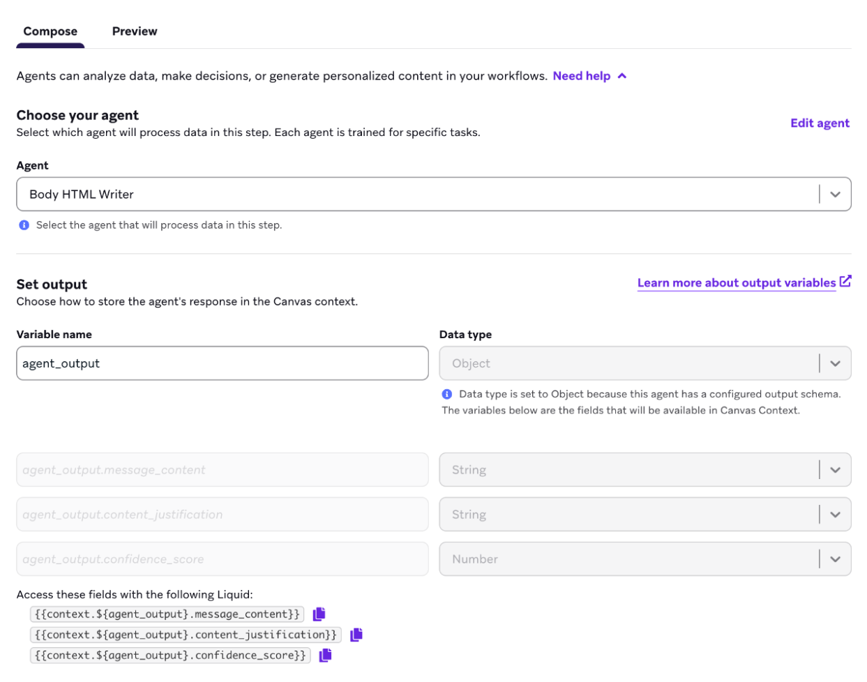 Étape de l'agent pour Body HTML Writer avec une sortie de type de données objet pour la variable "agent_output".