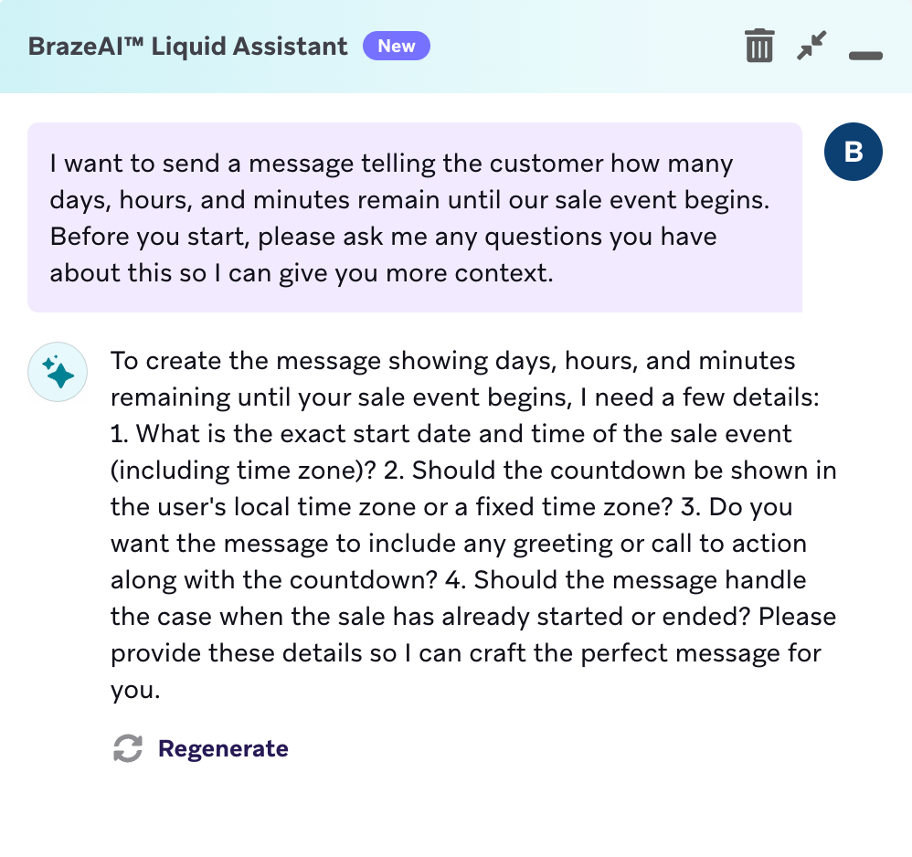 Exemple de sortie de l'invite "Ajouter un compte à rebours".