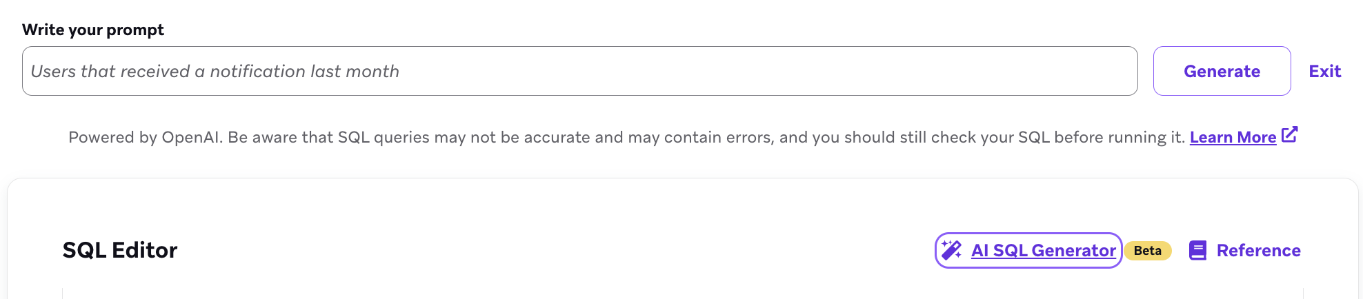 Générateur SQL basé sur l’IA, avec l'invite « Utilisateurs ayant reçu une notification au cours du mois passé »