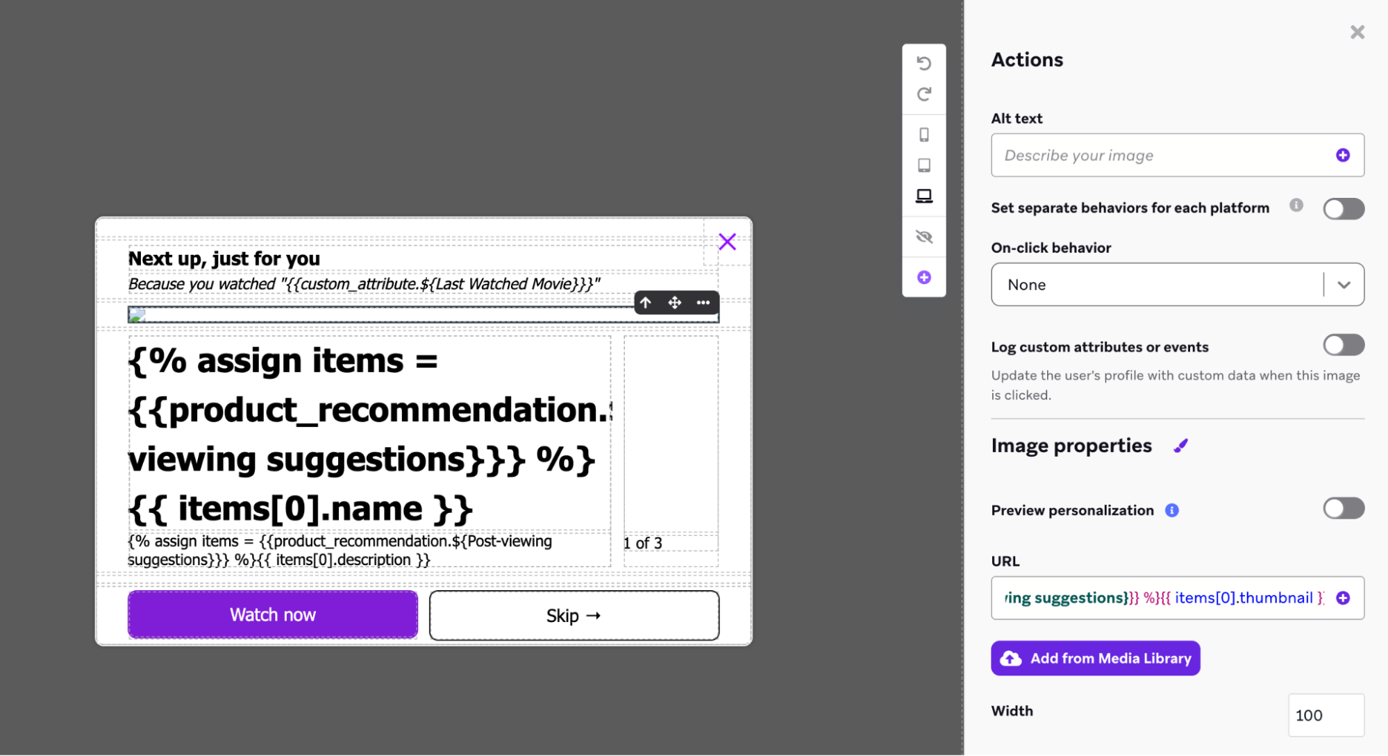 Éditeur de messages in-app avec Liquid brut pour modéliser dans des champs spécifiques à partir d'éléments de catalogue de la recommandation.
