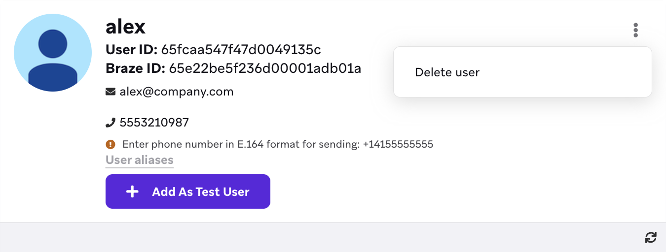 Un utilisateur dans Braze avec le menu à points de suspension vertical ouvert, affichant l'option permettant de supprimer l'utilisateur.