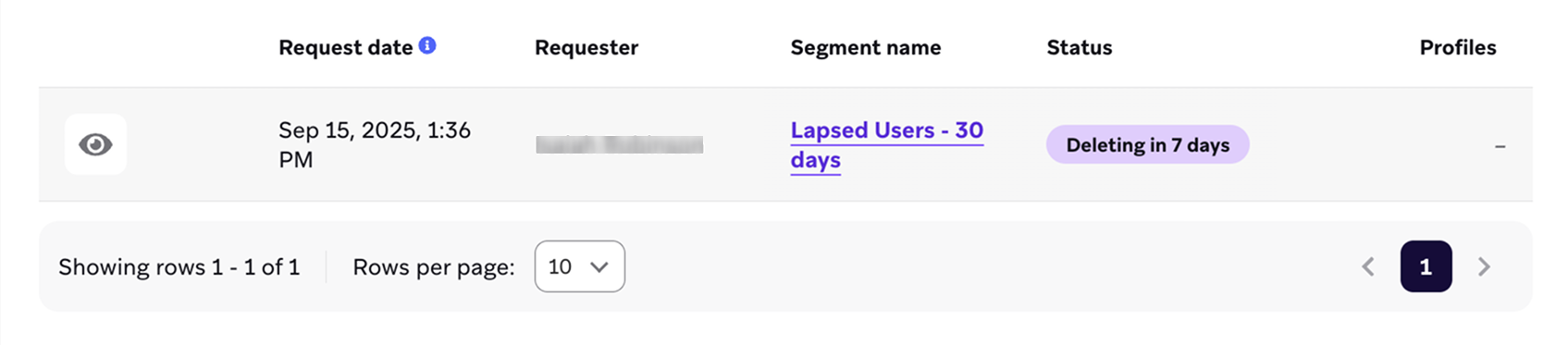 Une suppression de segment en attente dans l'onglet « Supprimer des utilisateurs ».