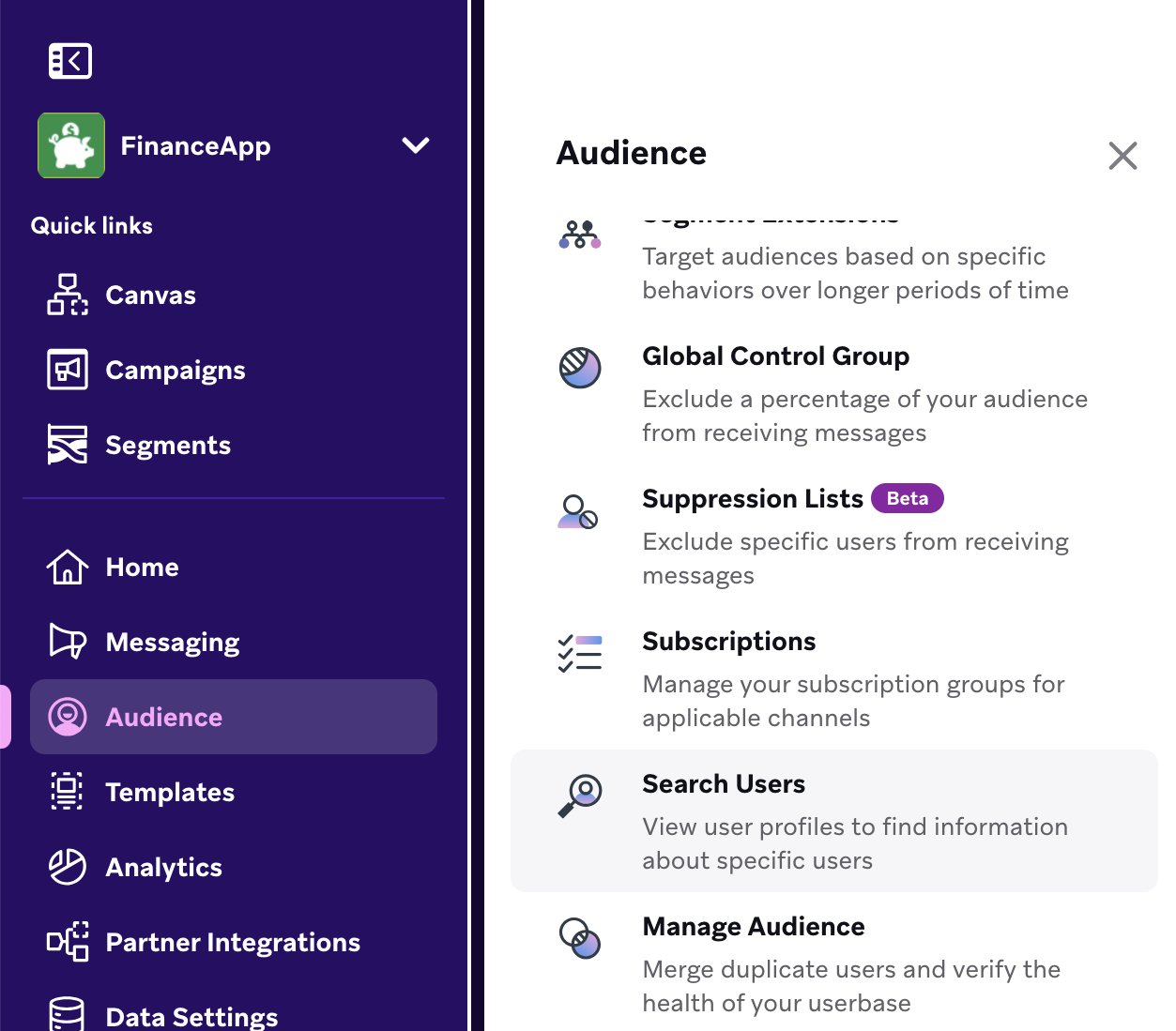 Vignette « Recherche d'utilisateurs » mise en évidence dans le menu de navigation.