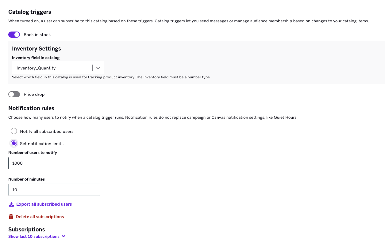 Paramètres du catalogue qui montrent la fonctionnalité de retour en stock activée. Les règles de notification prévoient d'avertir un millier d'utilisateurs toutes les dix minutes.