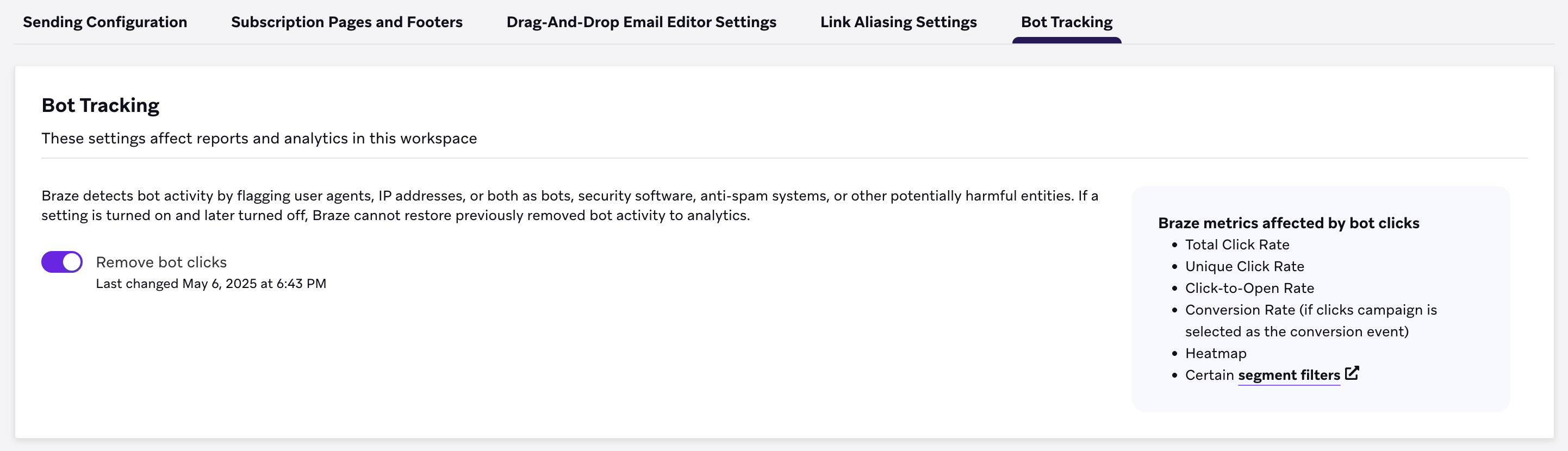 Le paramètre de filtrage des e-mails est activé dans les préférences d'e-mail.