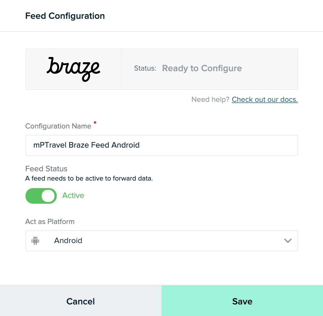 La première boîte de dialogue d'intégration, qui vous invite à fournir un nom de configuration, à déterminer un état de flux et à sélectionner la plateforme à utiliser.