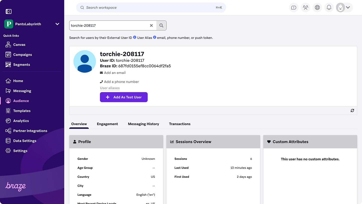 Exemple de profil utilisateur Braze pour l'utilisateur "torchie-208117".