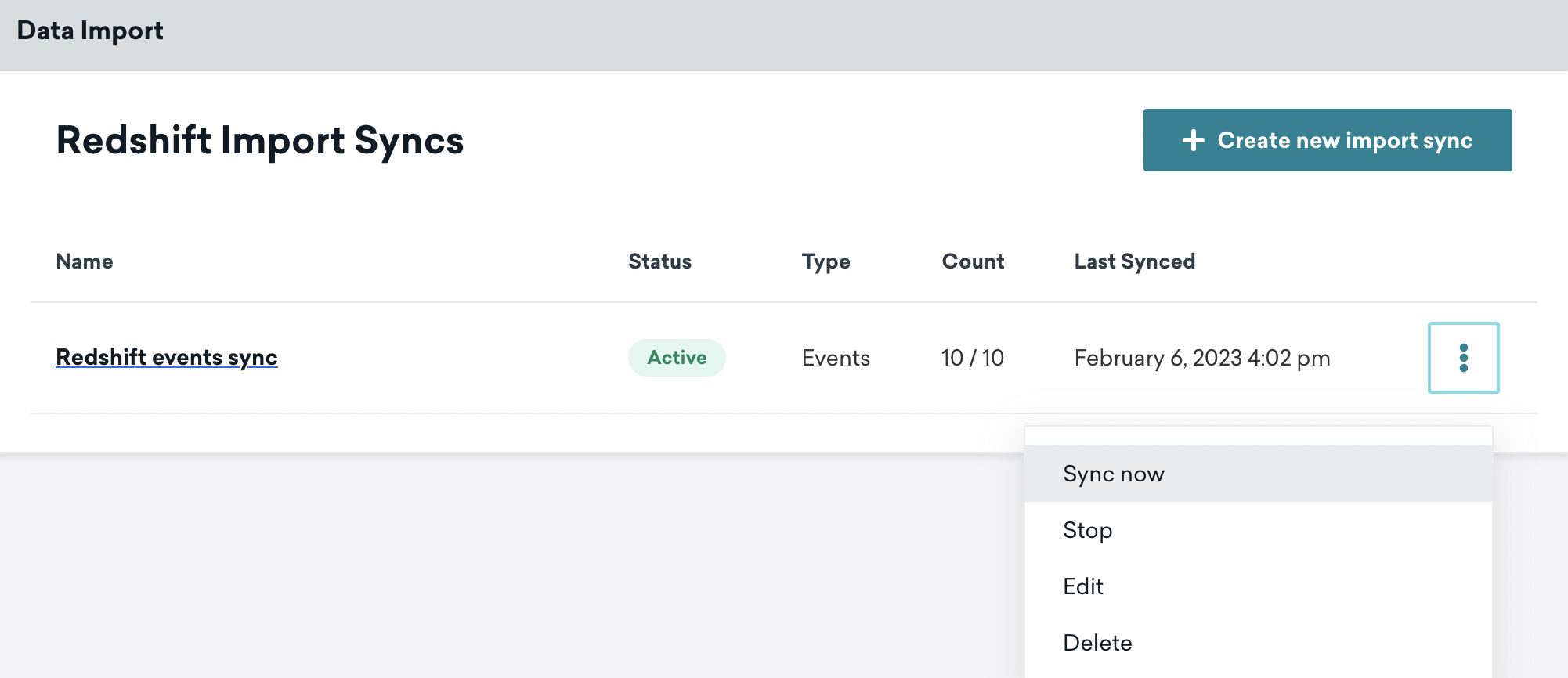 La page "Importation de données" pour Redshift dans le tableau de bord de Braze affichant l'option "Synchroniser maintenant" dans le menu représenté par les trois points verticaux.