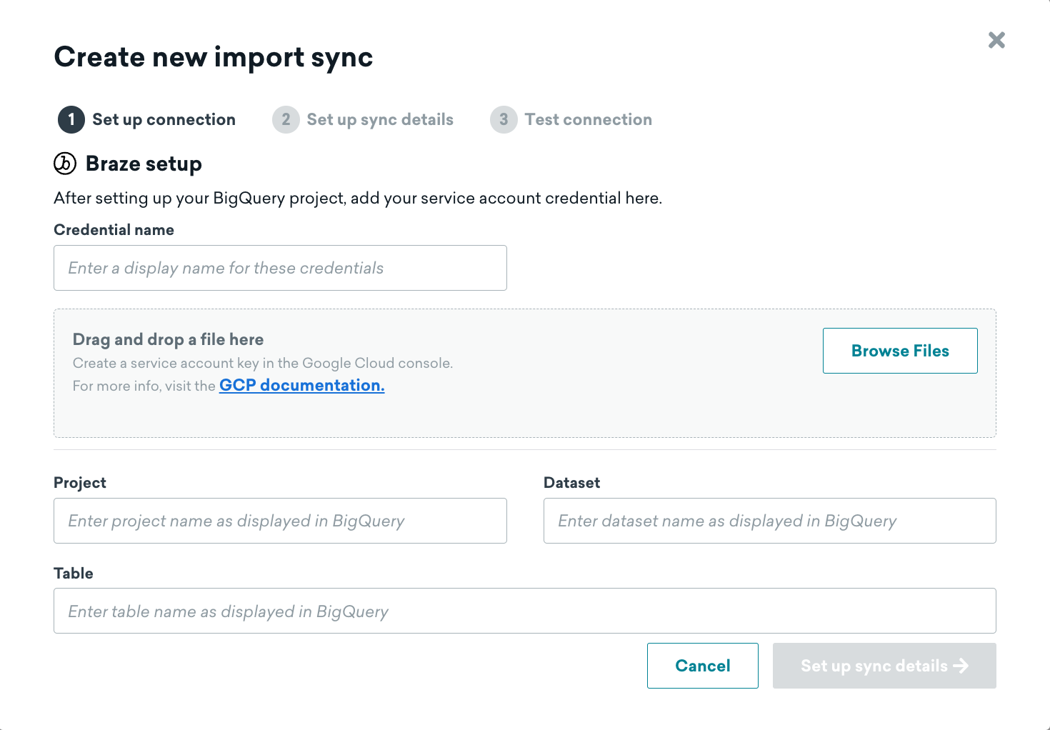 La page "Créer une nouvelle synchronisation d'importation" pour BigQuery dans le tableau de bord de Braze, réglée sur l'étape 1 : " Configurer la connexion ".