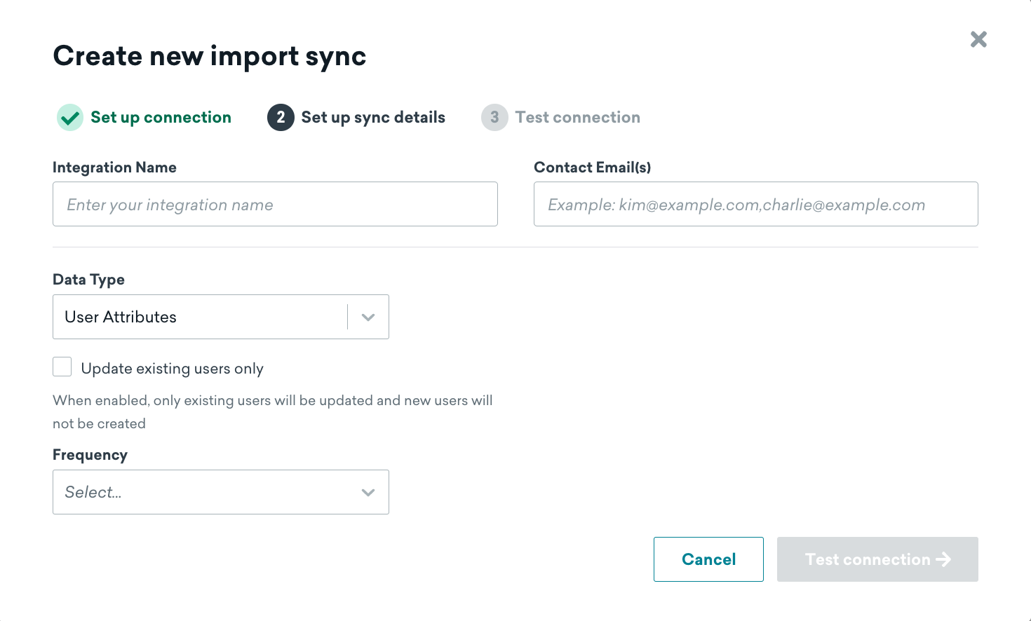 La page "Créer une nouvelle synchronisation d'importation" pour BigQuery dans le tableau de bord de Braze, réglée sur l'étape 2 : "Configurer les détails de la synchronisation".