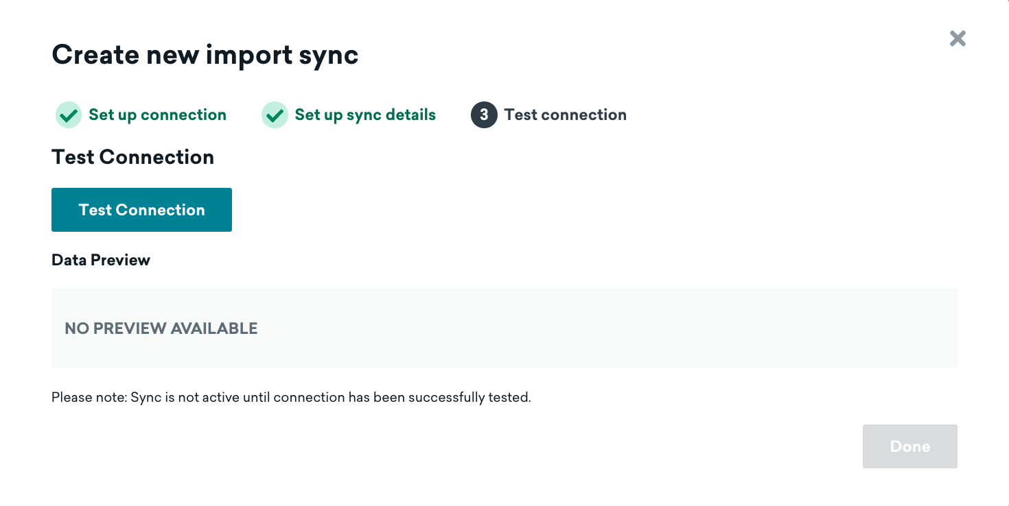 La page "Créer une nouvelle synchronisation d'importation" pour BigQuery dans le tableau de bord de Braze, réglée sur l'étape 3 : "Tester la connexion".