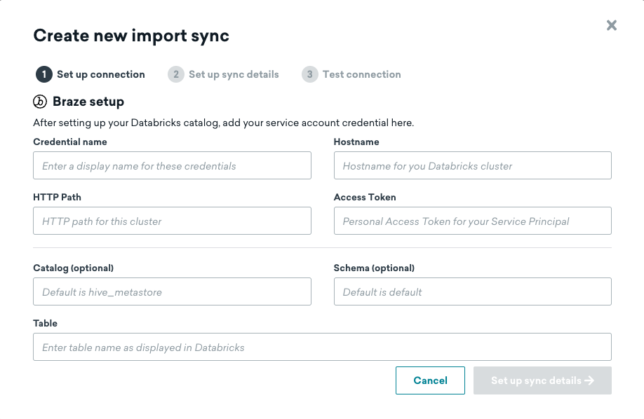 La page "Créer une nouvelle synchronisation d'importation" pour Databricks dans le tableau de bord de Braze, réglée sur l'étape 1 : " Configurer la connexion ".