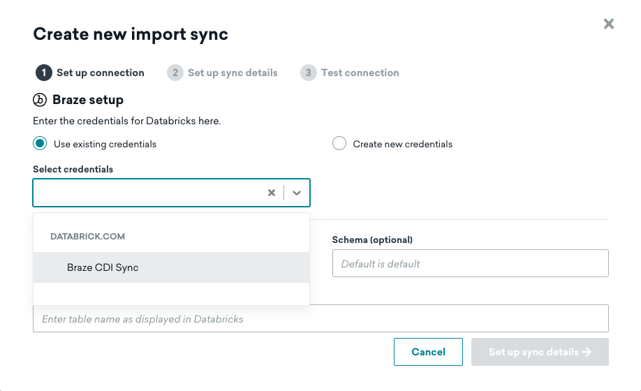 La page "Créer une nouvelle synchronisation d'importation" pour Databricks dans le tableau de bord de Braze avec la liste déroulante "Sélectionnez un identifiant" ouverte à l'étape 1 : " Configurer la connexion ".