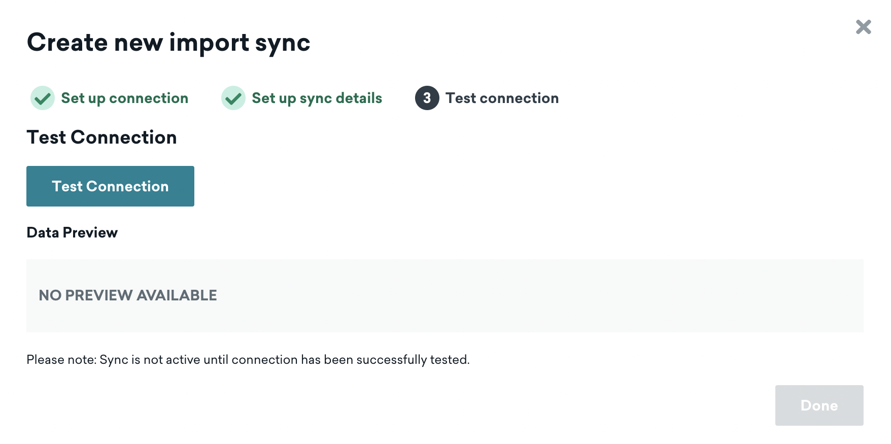 La page "Créer une nouvelle synchronisation d'importation" pour Redshift dans le tableau de bord de Braze, réglée sur l'étape 3 : "Tester la connexion".