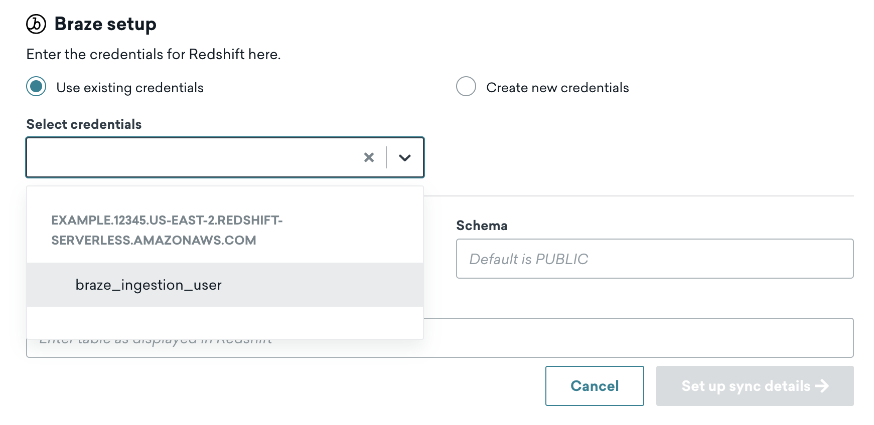 La page "Créer une nouvelle synchronisation d'importation" pour Redshift dans le tableau de bord de Braze avec la liste déroulante "Sélectionnez un identifiant" ouverte à l'étape 1 : " Configurer la connexion ".