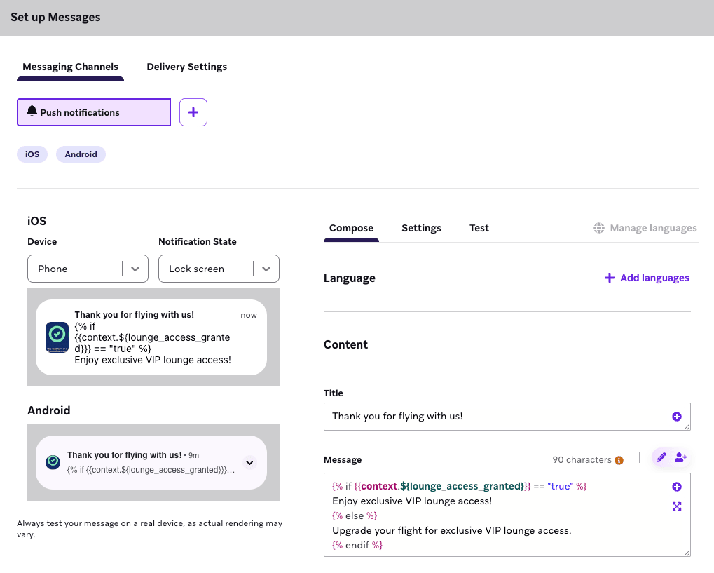 Une étape Message avec différents messages à envoyer, en fonction du type de billet d'avion acheté.