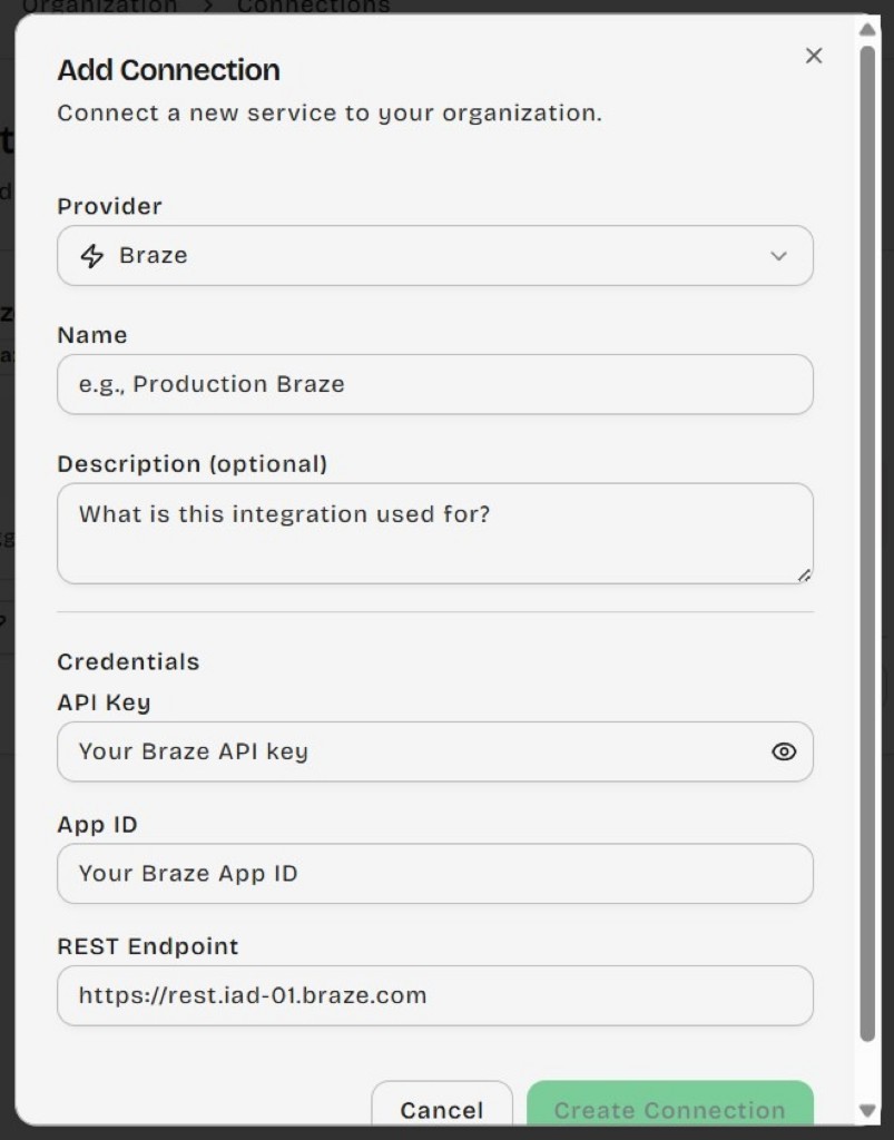 Fenêtre modale Add Connection de DailyPlay avec Braze sélectionné et les champs d'identification pour la clé API, l'App ID et l'endpoint REST.