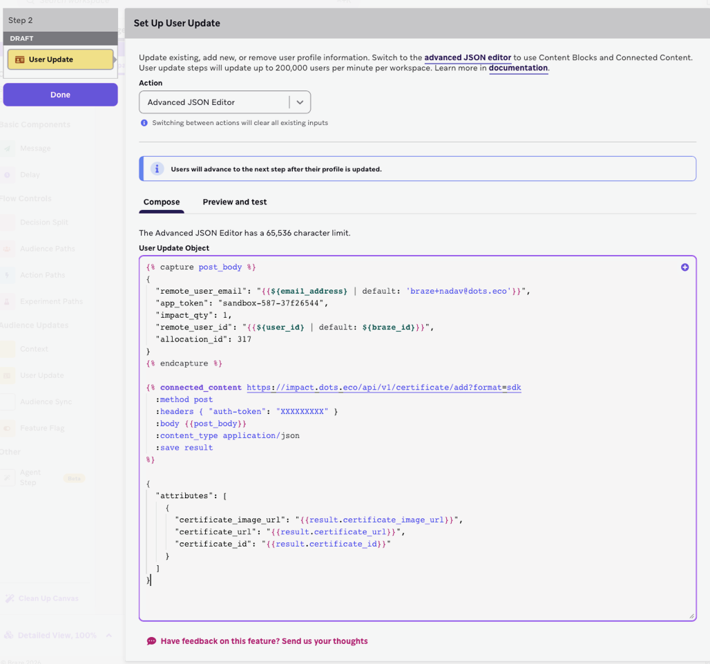 DOTS.ECO Étape de mise à jour de l'utilisateur.