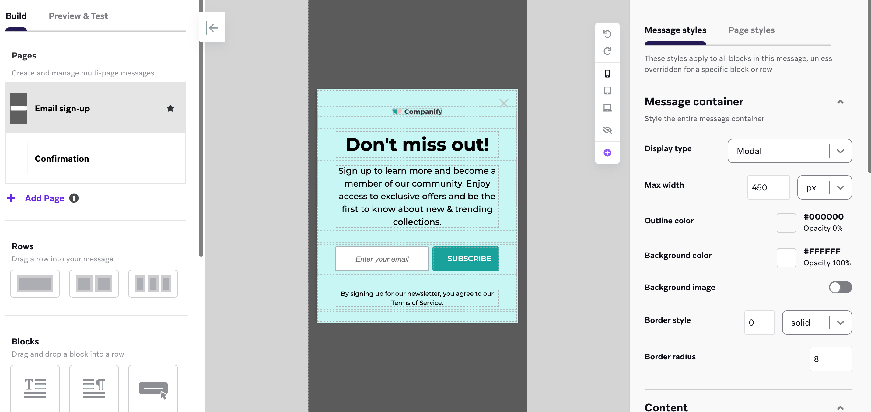 L'éditeur de messages in-app avec le modèle de formulaire d'inscription par e-mail avec page de confirmation.