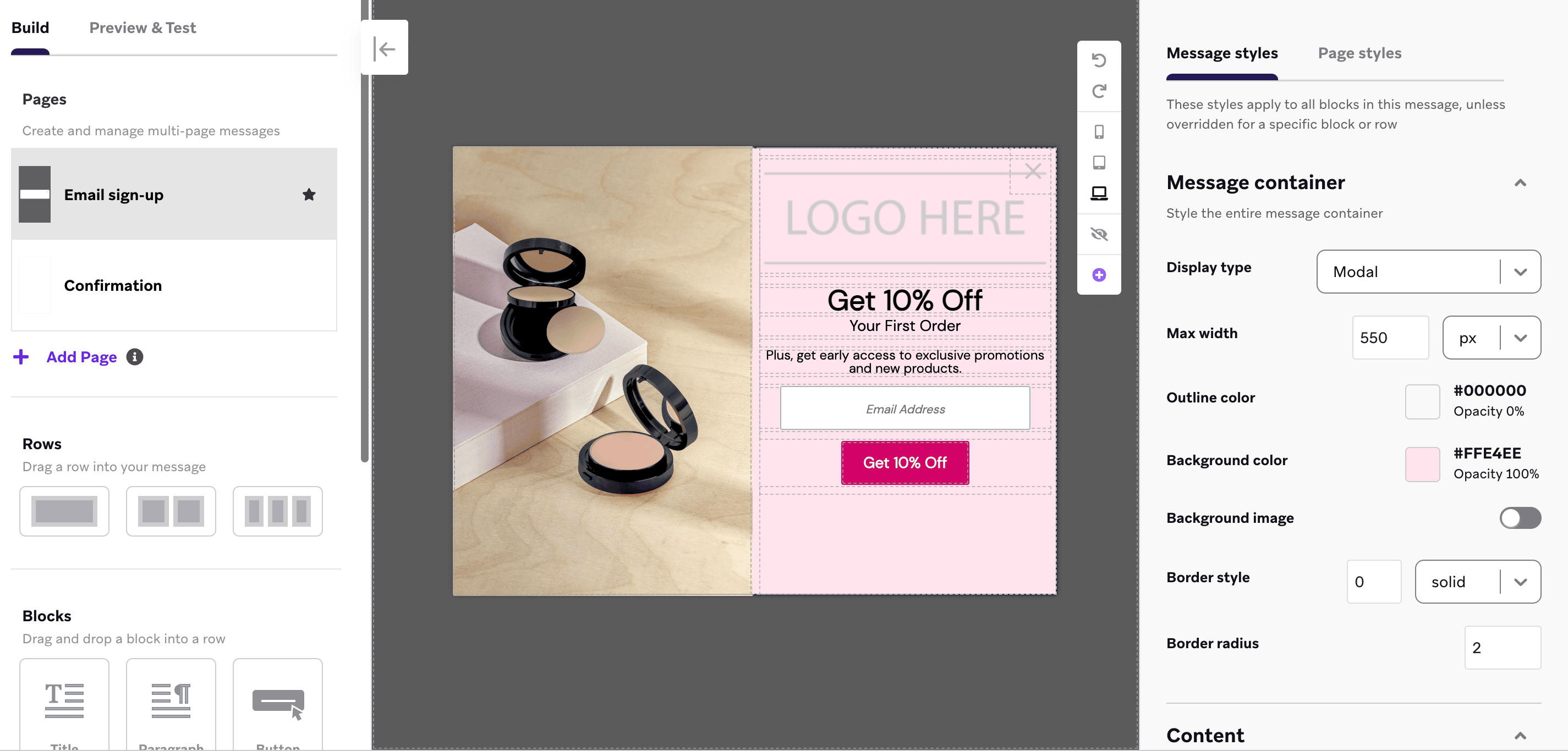 L'éditeur de messages in-app avec le modèle de formulaire d'inscription par e-mail avec remise.