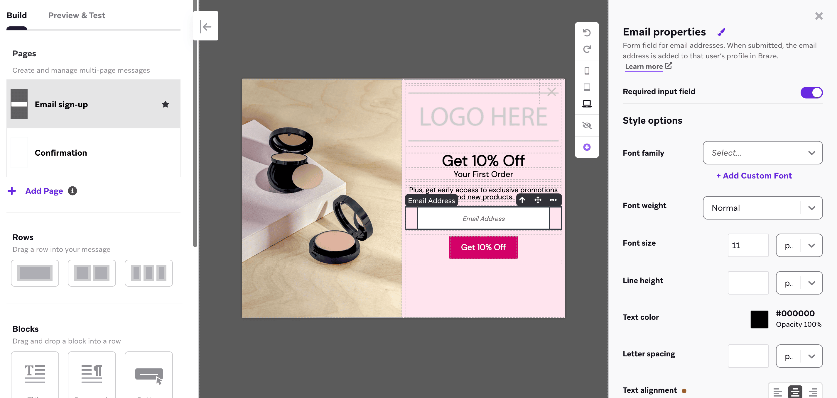L'éditeur de messages in-app avec un menu latéral pour personnaliser l'élément de capture d'e-mail.