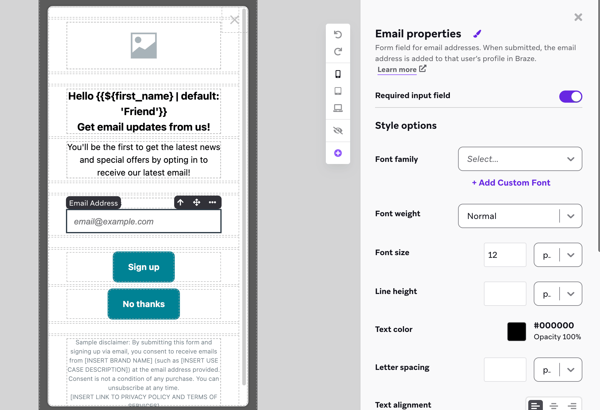L'éditeur de messages in-app avec un menu latéral pour personnaliser l'élément de capture d'e-mail.
