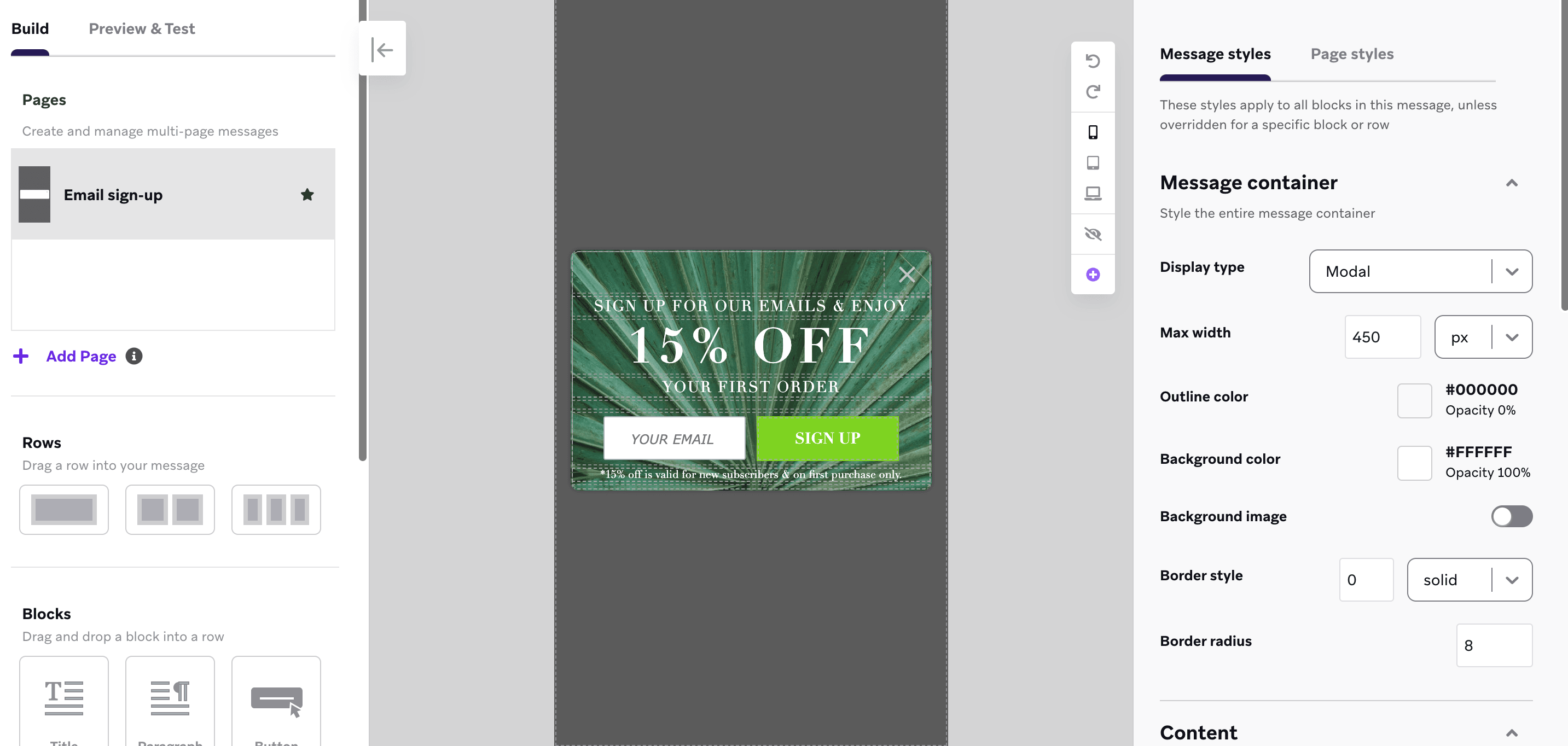 L'éditeur de messages in-app avec le modèle de formulaire d'inscription par e-mail avec une image de fond.