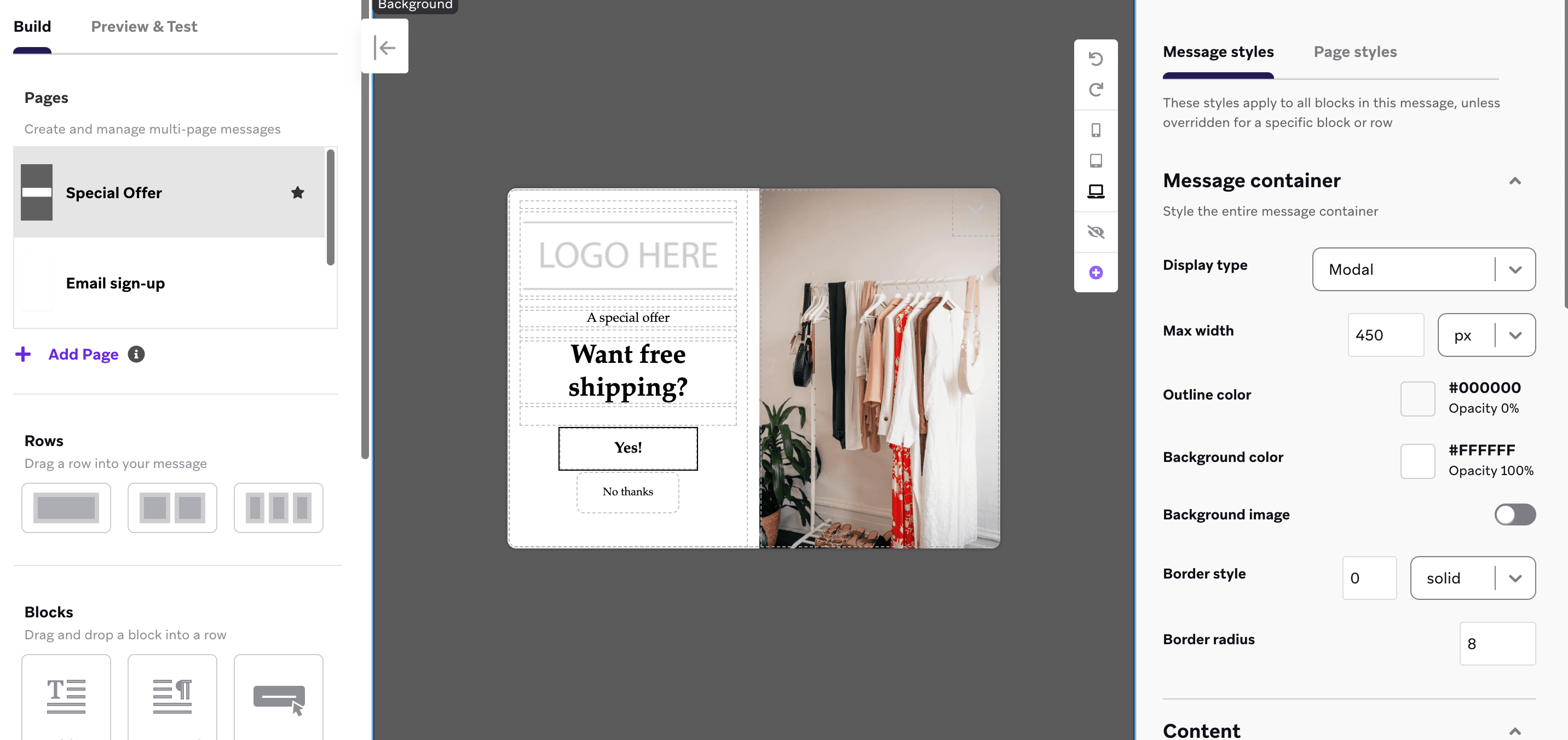 L'éditeur de messages in-app avec le modèle d'un formulaire d'inscription par e-mail avec une offre spéciale.