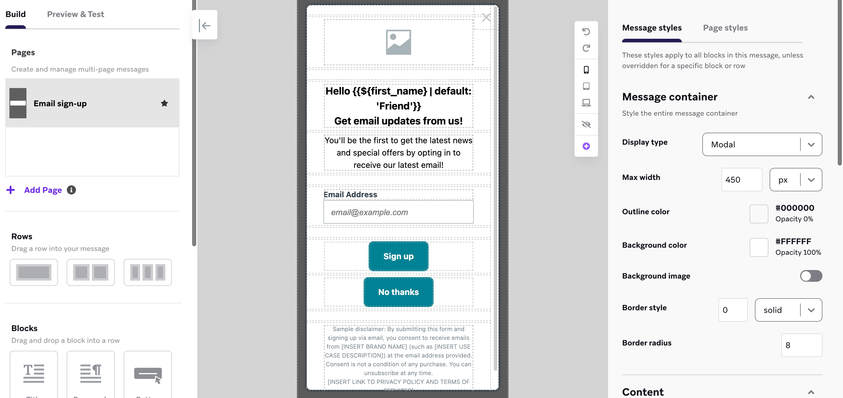 L'éditeur de messages in-app avec le modèle de formulaire de capture d'e-mail.