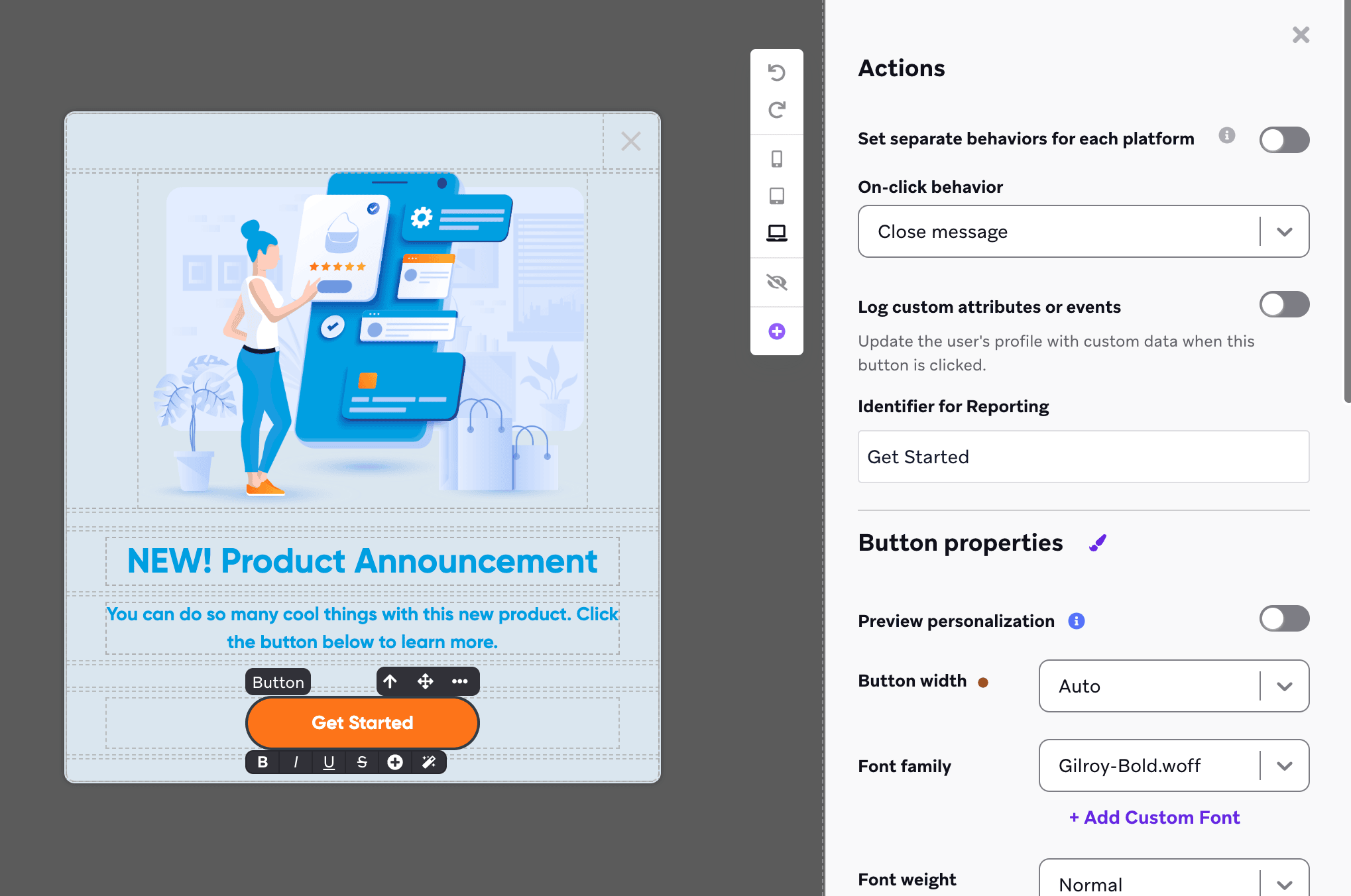 L'éditeur de messages in-app avec un menu latéral pour personnaliser l'élément bouton.