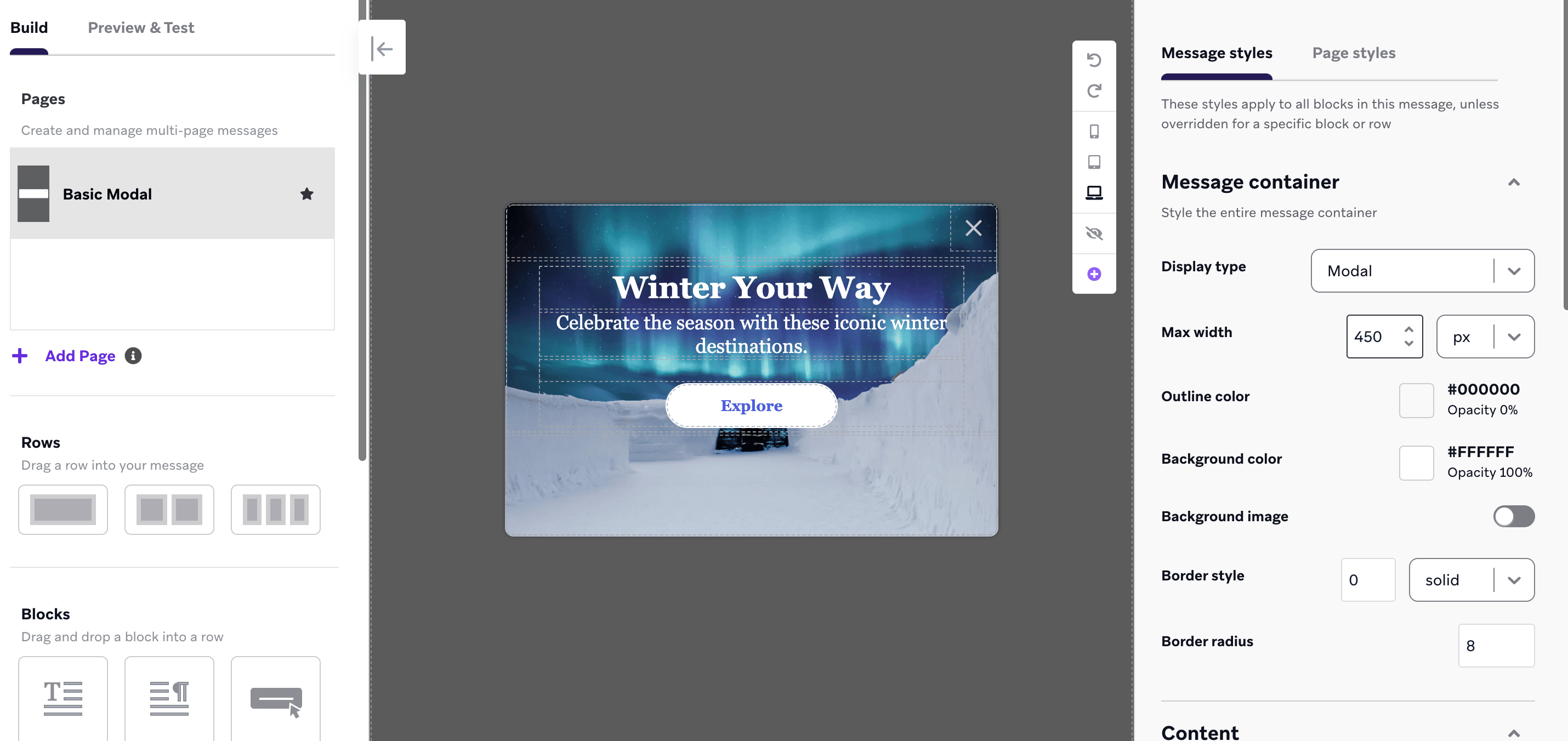 L'éditeur de messages in-app avec le modèle pour une promotion saisonnière.