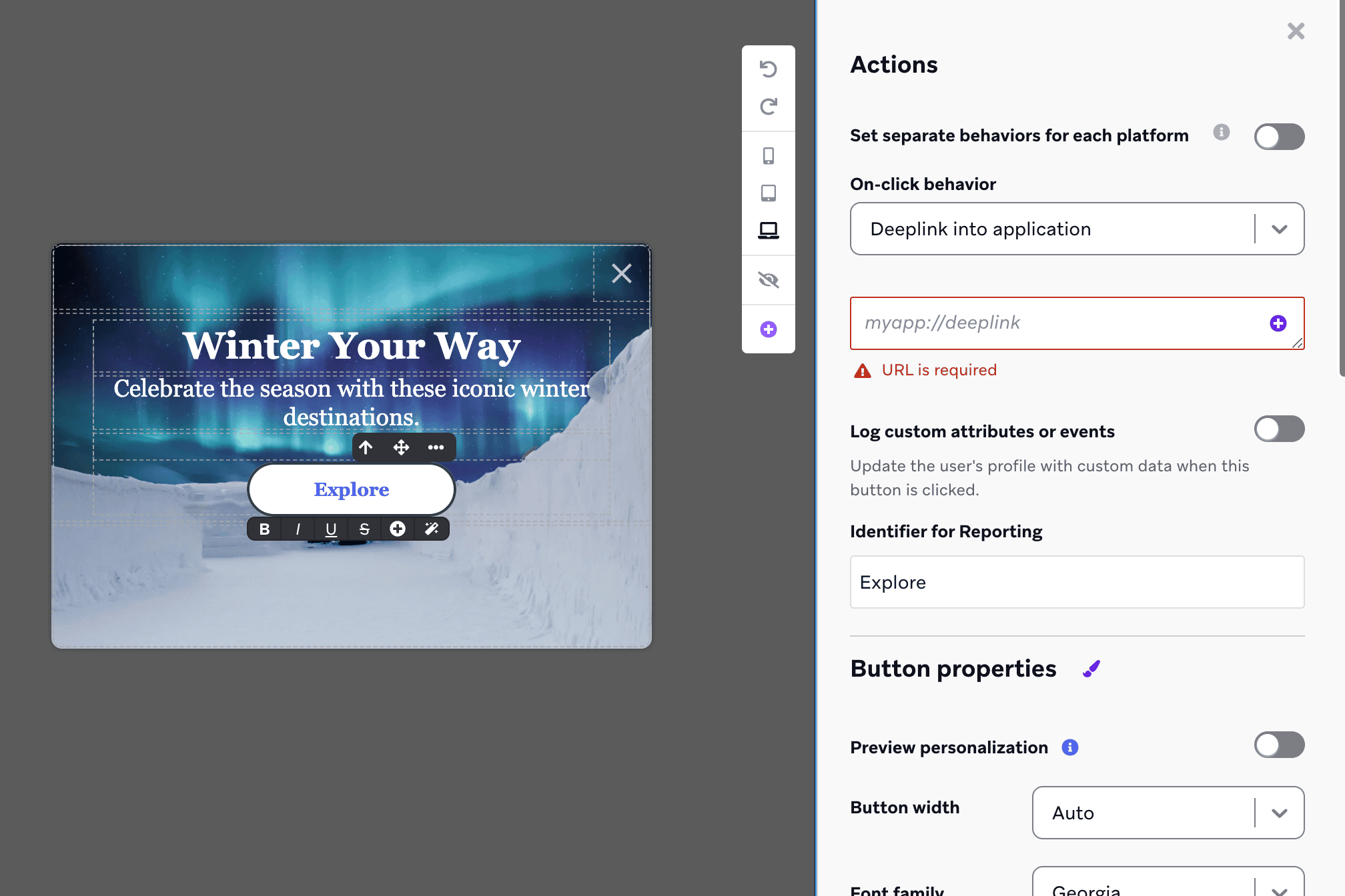 L'éditeur de messages in-app avec un menu latéral pour personnaliser l'élément bouton.