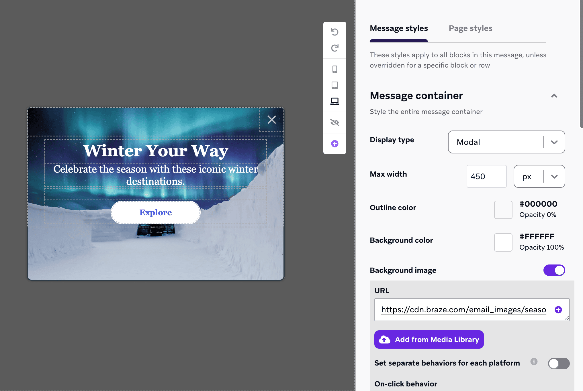 L'éditeur de messages in-app avec un menu latéral pour sélectionner l'image de fond.