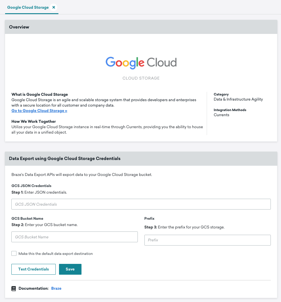 La page Google Cloud Storage dans le tableau de bord de Braze.