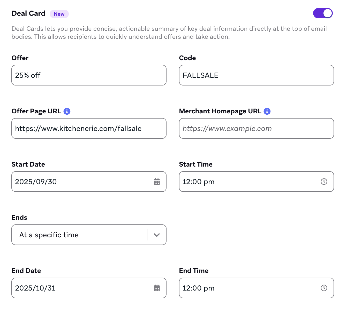 Options permettant de spécifier la valeur de l'offre, le code, ainsi que la date et l'heure de début d'une Deal Card.