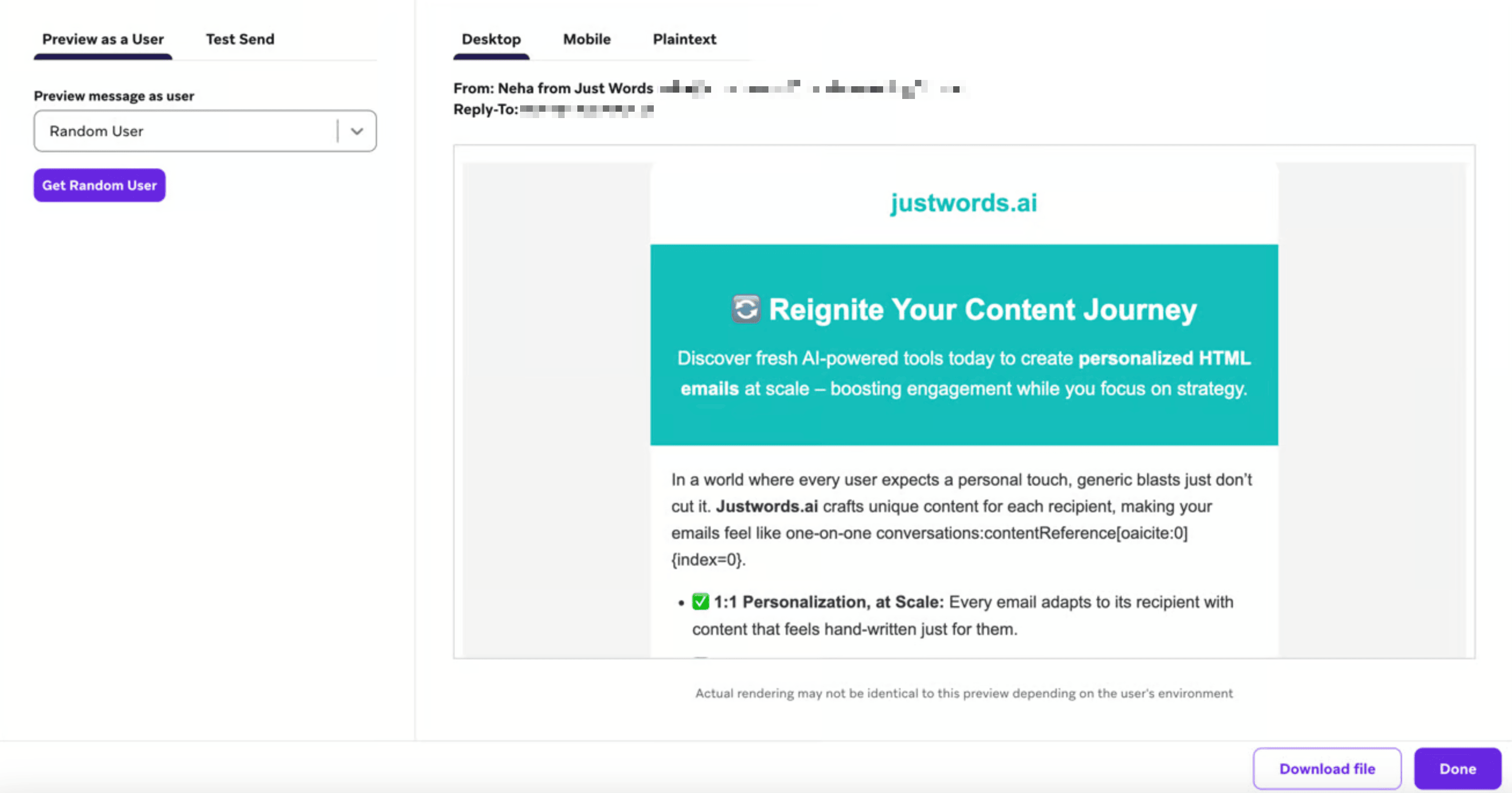 Prévisualisation de l'envoi de messages de Braze pour un e-mail de Just Words.